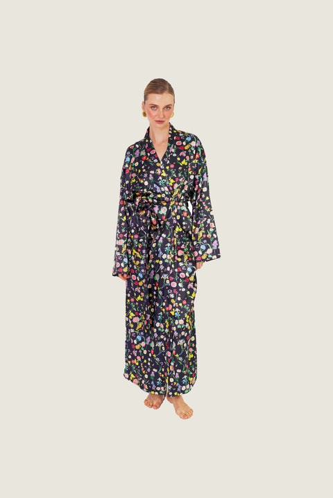 BLACK NIGHTFALL FLORAL ROBE
