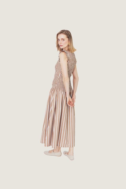 RUCHED CHESTNUT STRIPE MIDI DRESS