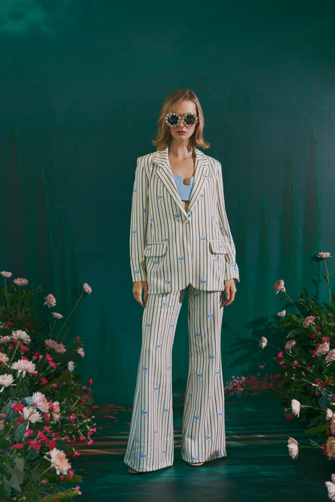 IVORY & BLUE STRIPED BLOOM BLAZER
